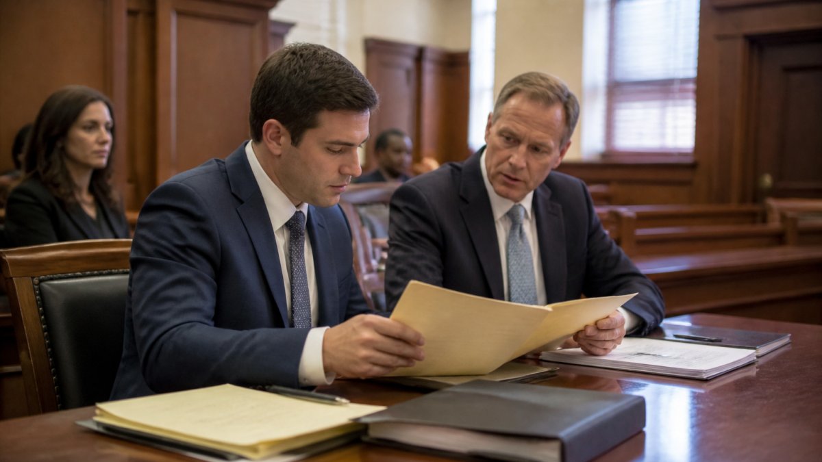 A defendant in a conservative suit sitting at a wooden table in a courtroom, reviewing a folder of documents with a defense attorney beside them before the hearing begins