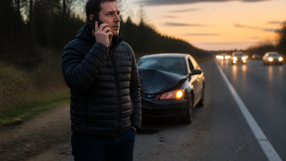 Person standing on a road shoulder calling for help after a car accident at dusk