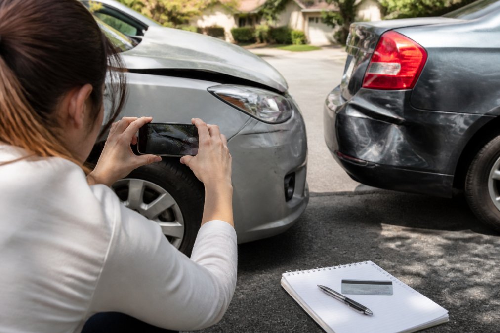 A person photographing vehicle damage with a smartphone at the scene of a minor car accident on a residential street, with a notepad and insurance card visible nearby