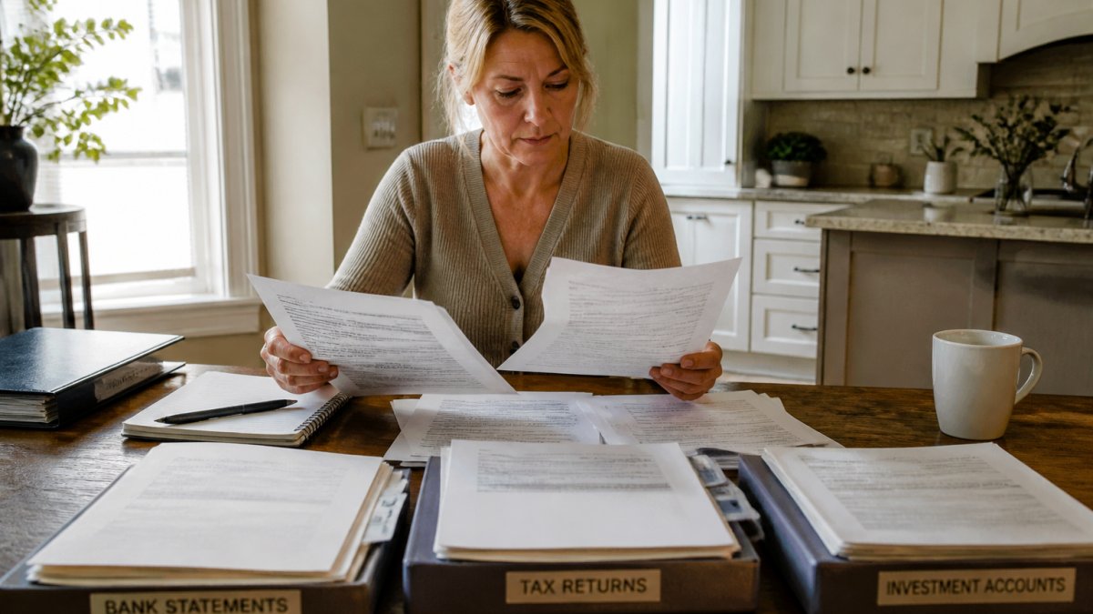 A person at a kitchen table organizing financial documents, bank statements, and tax returns into labeled folders, with a laptop and notepad nearby