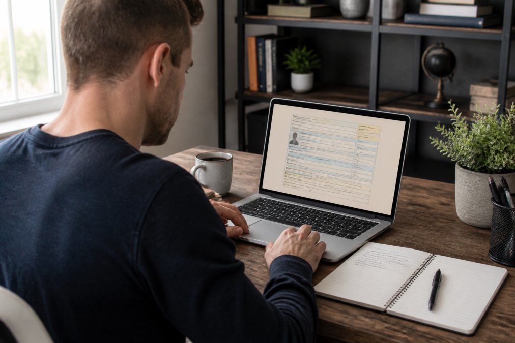 Person sitting at a desk reviewing a Florida hardship license application on their laptop in a home office