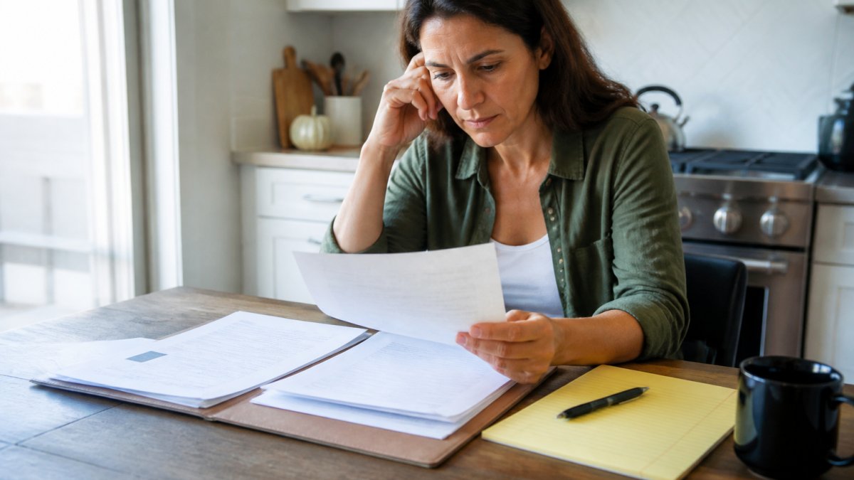 A person sitting at a kitchen table with a folder of financial documents, a notepad, and a pen, reviewing paperwork before a meeting