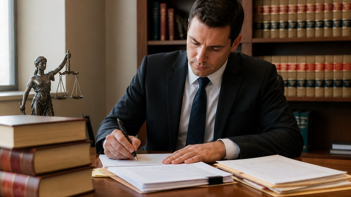 Criminal defense attorney reviewing documents to get a case dismissed without trial in a professional law office.