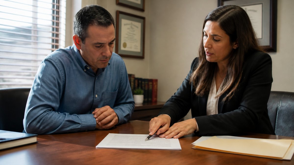 A defendant sitting at a wooden table in a quiet attorney conference room, reviewing a printed document while a defense attorney points to a specific clause, warm natural light through blinds, serious and focused atmosphere