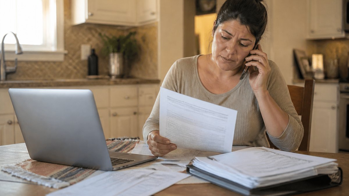A person sitting at a kitchen table with a laptop, a phone, and a folder of medical bills, reviewing documents while talking on the phone in warm afternoon light