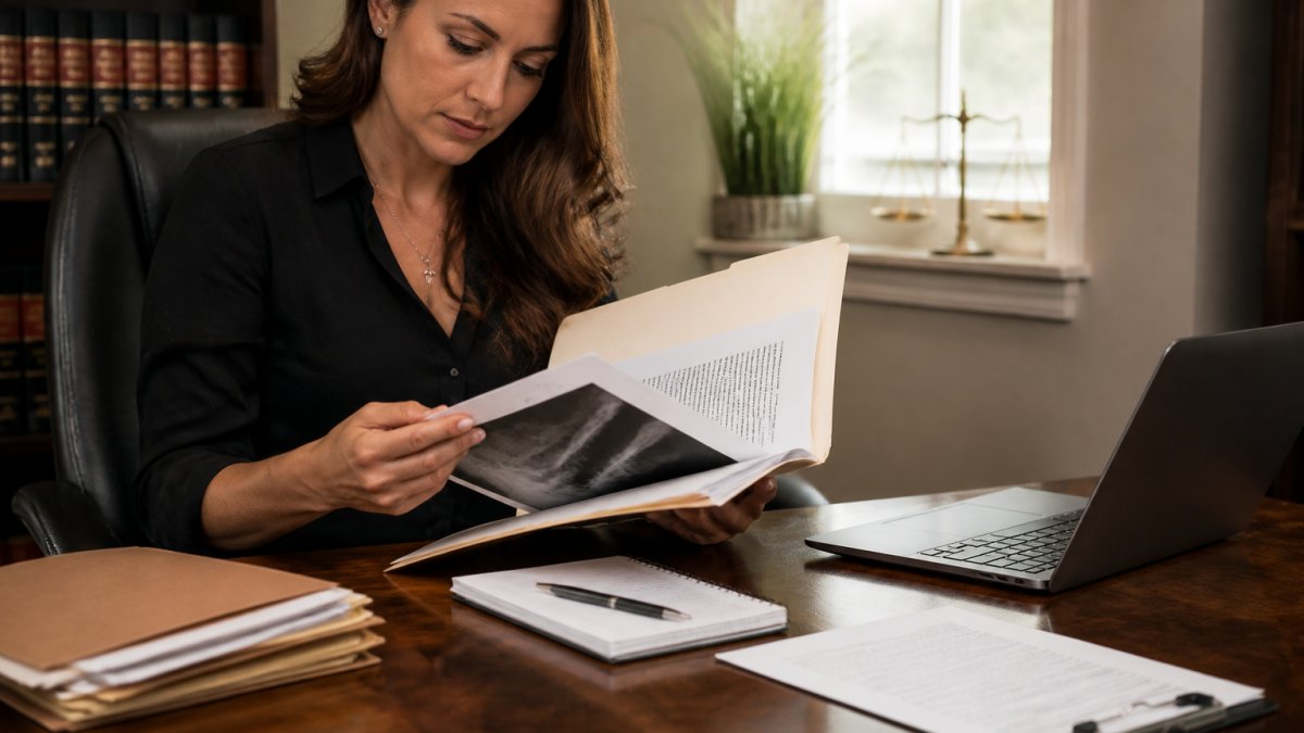 A person sitting at a wooden desk in a law office, organizing a folder of medical records, a police report, and a notebook, with a laptop nearby and soft natural light from a window