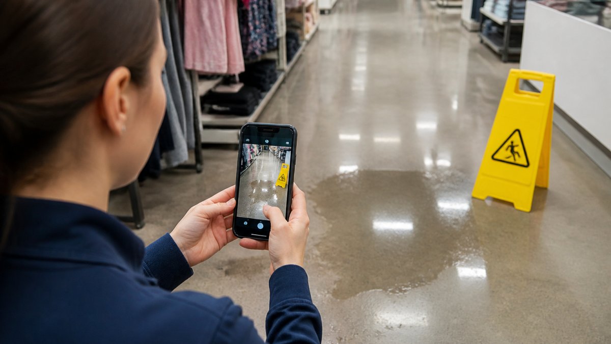 Person photographing a wet floor hazard with a smartphone in a retail store, showing documentation of accident scene conditions
