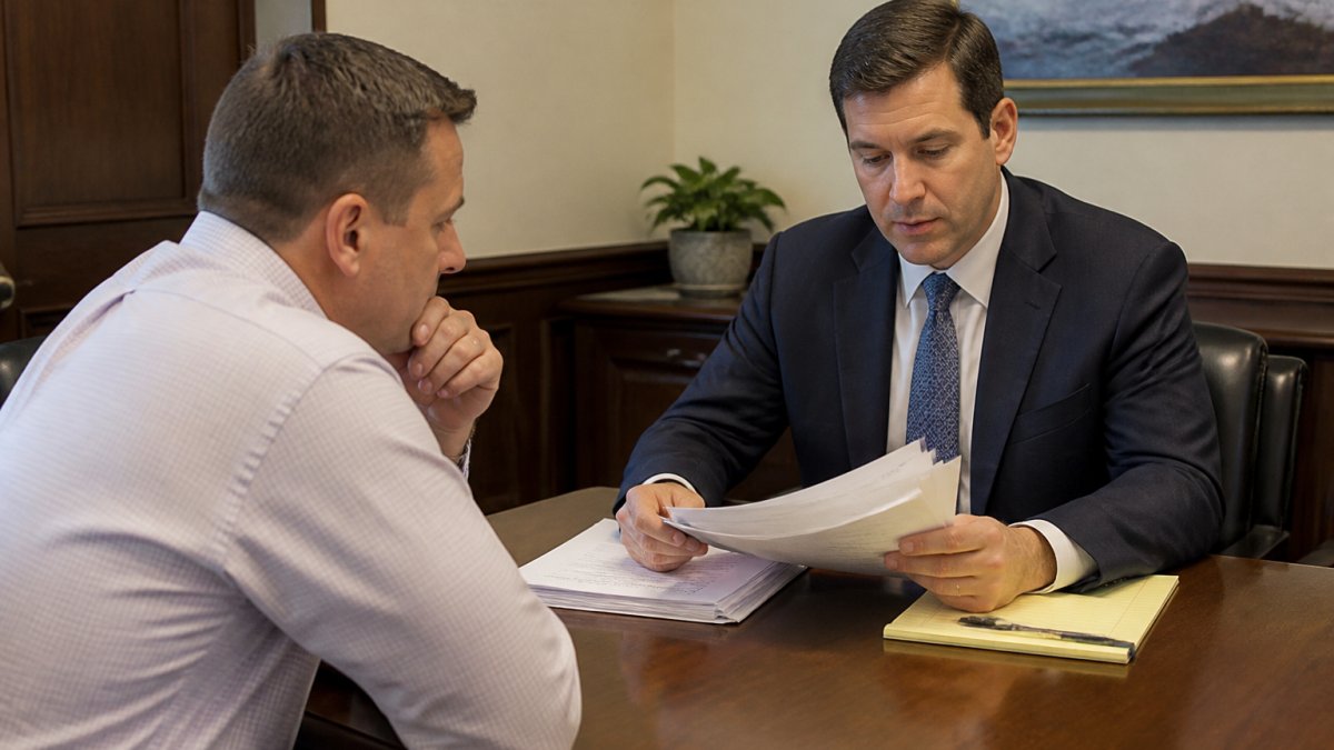 A criminal defense attorney in a suit sitting across from a concerned client at a wooden conference table, reviewing case documents with a legal pad and pen nearby