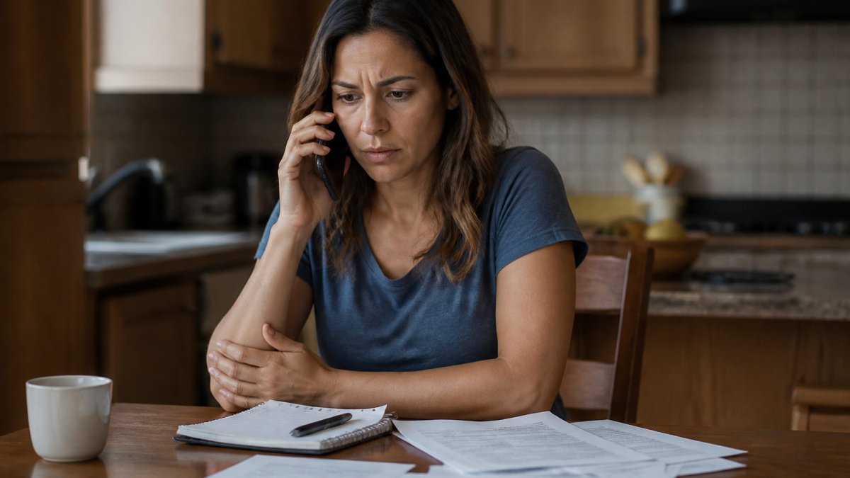 A person sitting at a kitchen table with a phone in hand, insurance paperwork and a notepad spread out, looking focused and cautious during a call